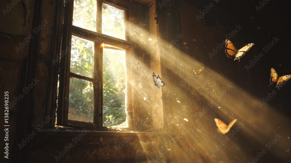 Poster sunlight streams through a cracked window into a decaying room, casting light on dust particles and 