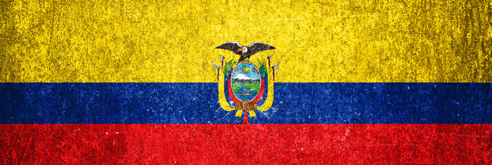 Ecuador state flag on a metal surface. Banner of dirty grunge Ecuador flag.