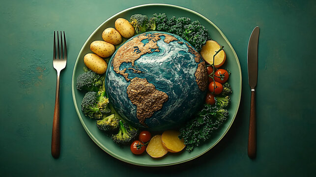 Sustainable eating concept: Earth as food on a plate. Ideal for eco-friendly campaigns, food industry visuals, World Environment Day designs. Global sustainability message.