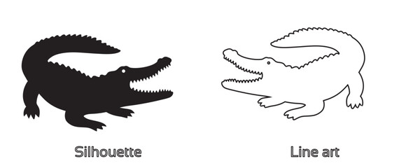 crocodile silhouette vector art, alligator black and white silhouette illustration 