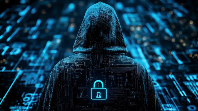Cybersecurity Hacker Concept with Hooded Figure and Digital Lock