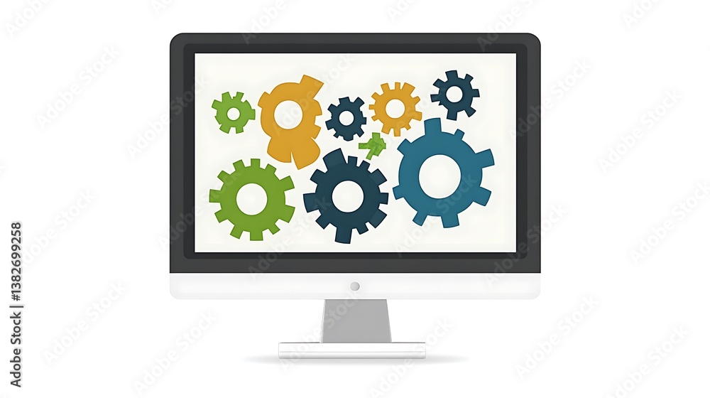 Fototapete A desktop computer screen displaying various colorful gear icons