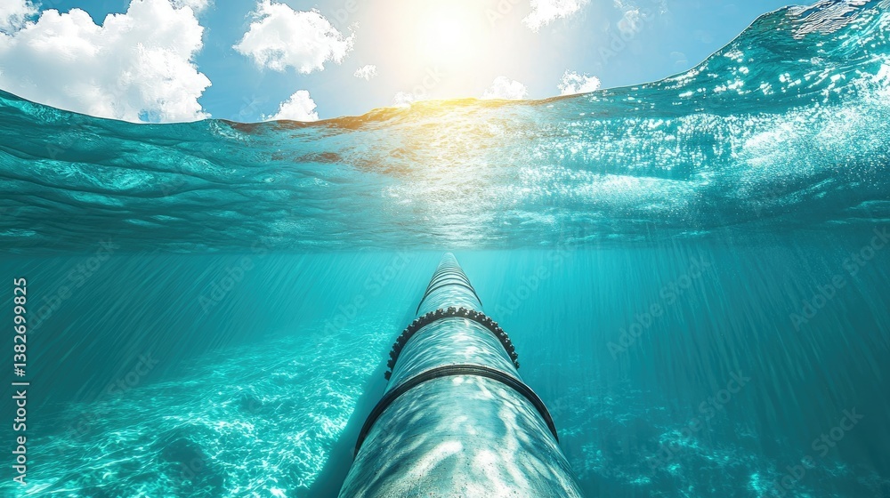 Poster view from below the water surface, looking up at a long industrial subsea pipeline extending to the 