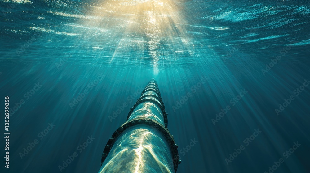 Poster View from below the water surface, looking up at a long industrial subsea pipeline extending to the surface of the clear, turquoise ocean, with sunlight beaming down