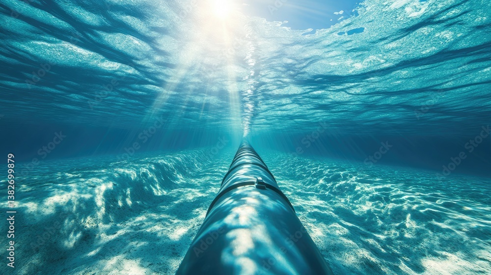 Aufkleber view from below the water surface, looking up at a long industrial subsea pipeline extending to the 