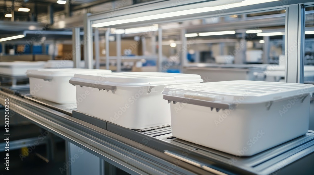 Poster white plastic containers moving along an industrial factory production line, showcasing the precisio