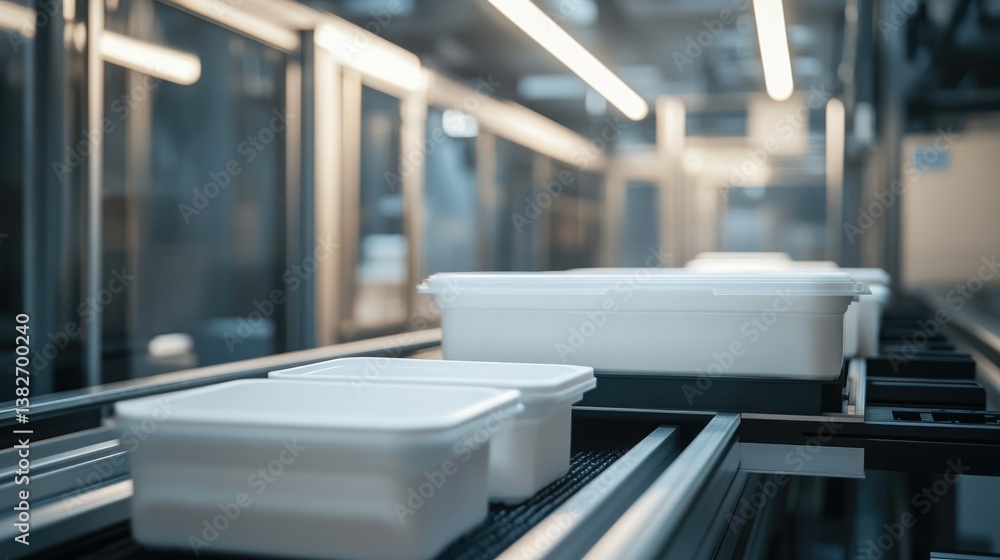 Poster white plastic containers moving along an industrial factory production line, showcasing the precisio