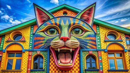 Obraz premium Happy Cat Head Architectural Design, Smiling Feline Building Facade, Cute Pet Home Decor