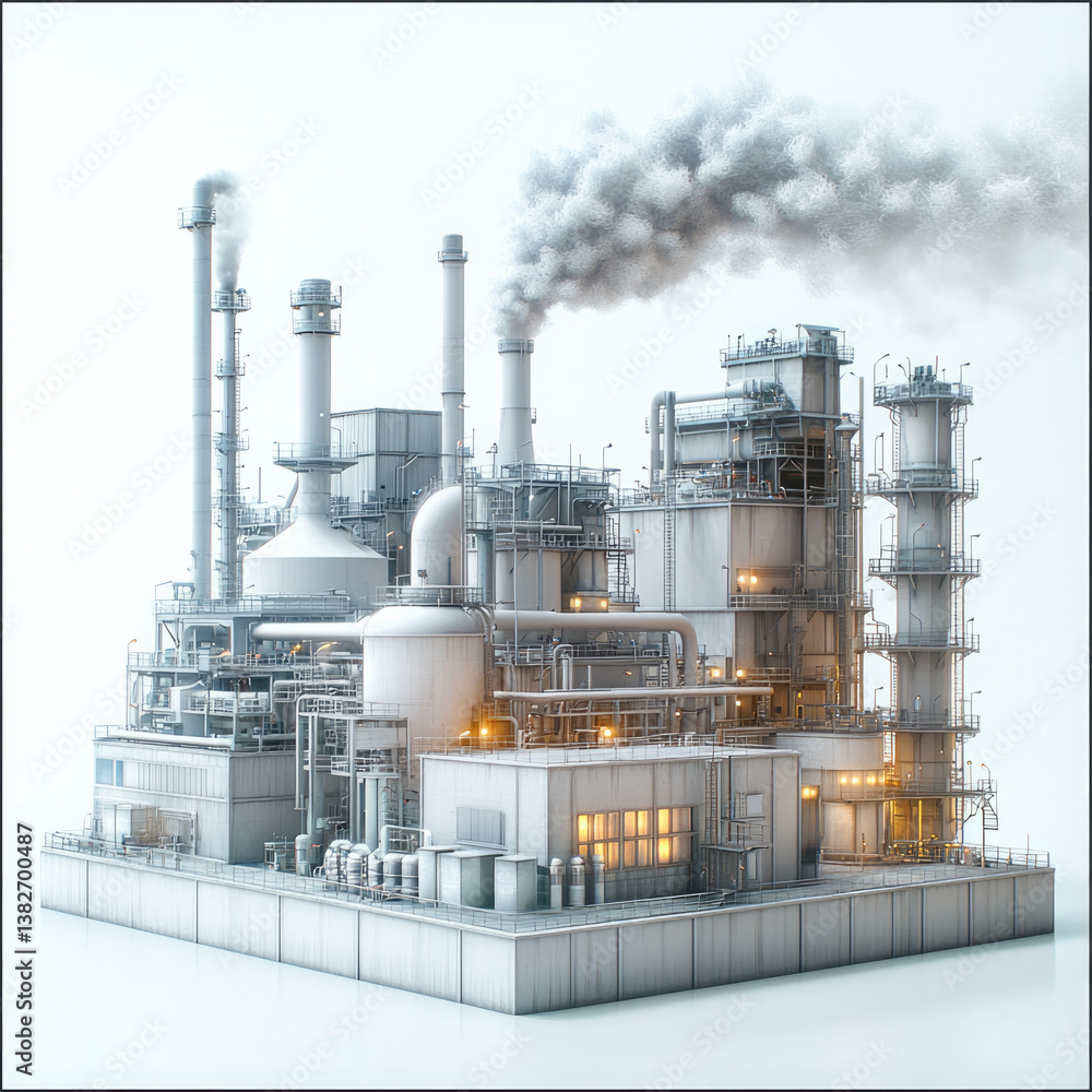 Poster large industrial facility with multiple smokestacks emitting smoke, featuring various pipes and stru