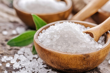 Coarse sea salt crystals in wooden bowls with green leaves and spoons