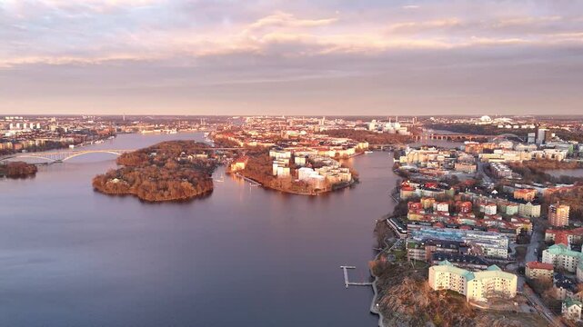 Panoramic view of Stockholm, S&ouml;dermalm, Gr&ouml;ndal, at sunset, early spring. Sweden.