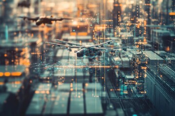 Obraz premium Futuristic aerial view of drones flying over a bustling city landscape at dusk