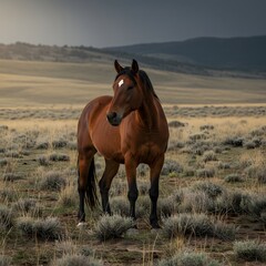 Obraz premium A dramatic scene featuring horse drawing in the wild, in a vast open landscape showing their environment. 
