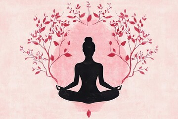 The illustration showcases a Latina woman meditating, surrounded by an aura of personal growth, positive vibrations, and a deep connection to the present moment, all conveyed through a serene and