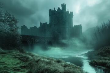 Naklejka premium Mysterious castle shrouded in mist at twilight overlooking a serene river