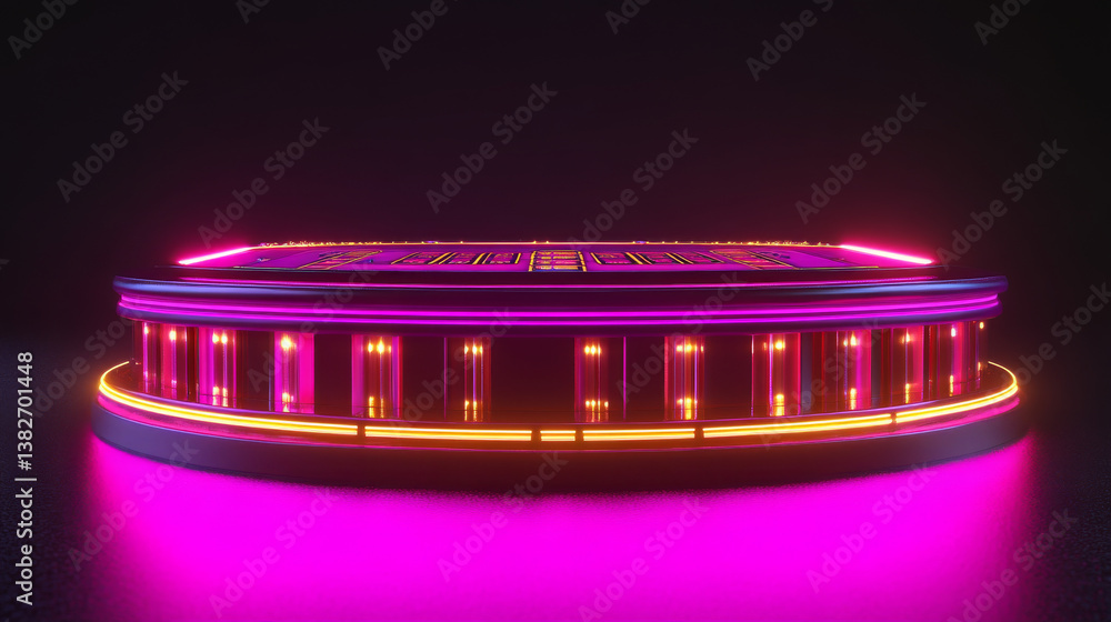 Aufkleber 3d pink neon light podium bg. glow game platform with digital led effect. futuristic hologram abstra