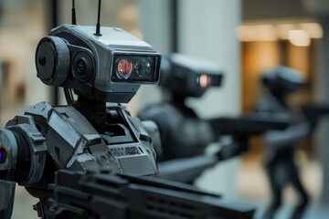 Robots with futuristic designs in a technology exhibition showcasing advanced robotics