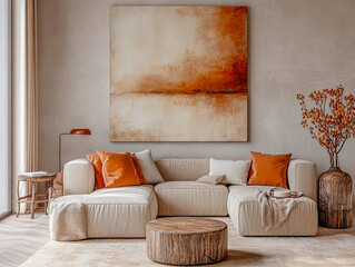 Spacious living area featuring a comfortable sofa adorned with soft textures and warm hues, illuminated by natural light filtering through expansive windows