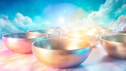 Singing bowls on cloud background. Sound healing concept. Relaxation and meditation equipment for stress relief, wellbeing, zen atmosphere at spa or studio
