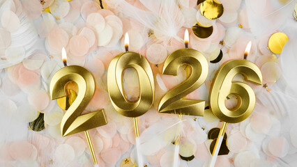 Happy New Year 2026. Greeting card with golden candles number 2026 on pastel confetti background.