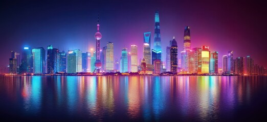 Futuristic cityscape at night, illuminated by neon lights and towering skyscrapers, captured in a hyper-realistic cyberpunk style with a panoramic view.