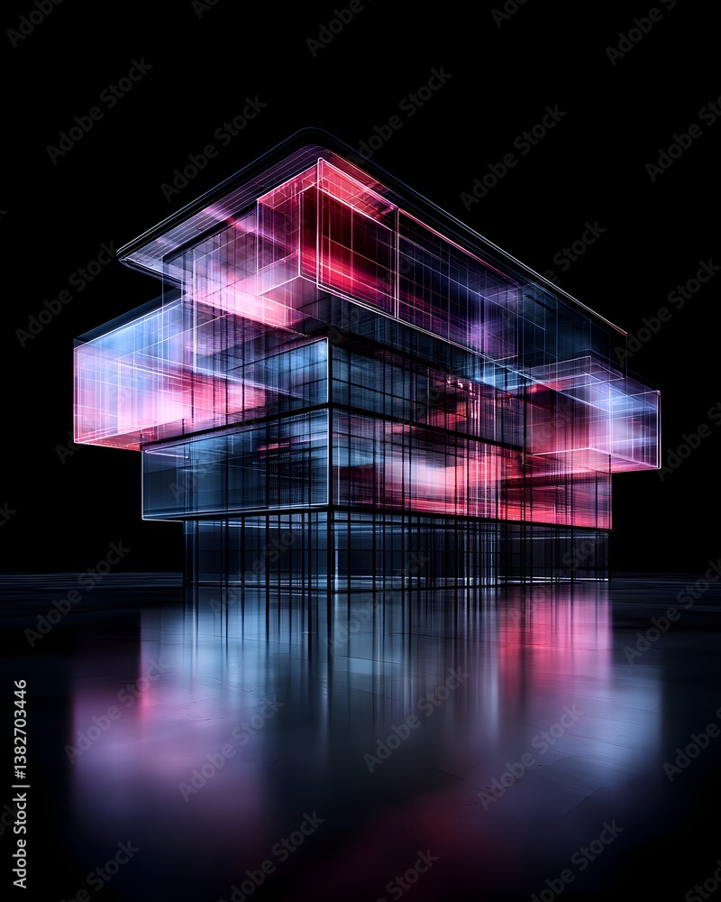 Poster high-tech mixed reality experience, holographic data streams merging with real-world architecture, d