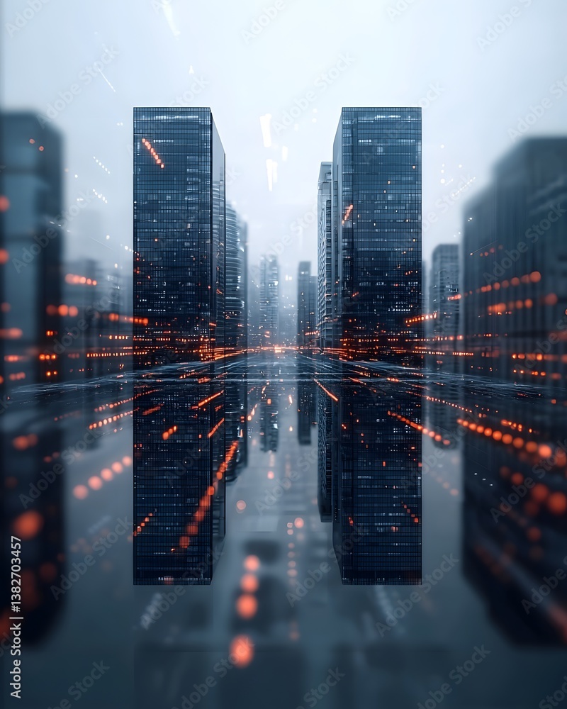 Poster high-tech mixed reality experience, holographic data streams merging with real-world architecture, d