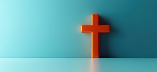 Obraz premium Christian symbol of an orange cross rendered in 3D against a blue background, ideal for religious and spiritual themed projects.