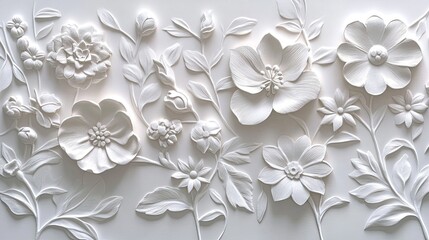White paper embossed with flowers, creating a textured floral pattern for wallpaper.