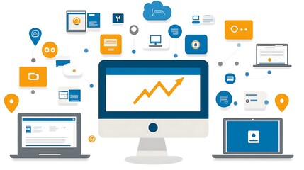 Modern digital devices interacting to show data and connected information