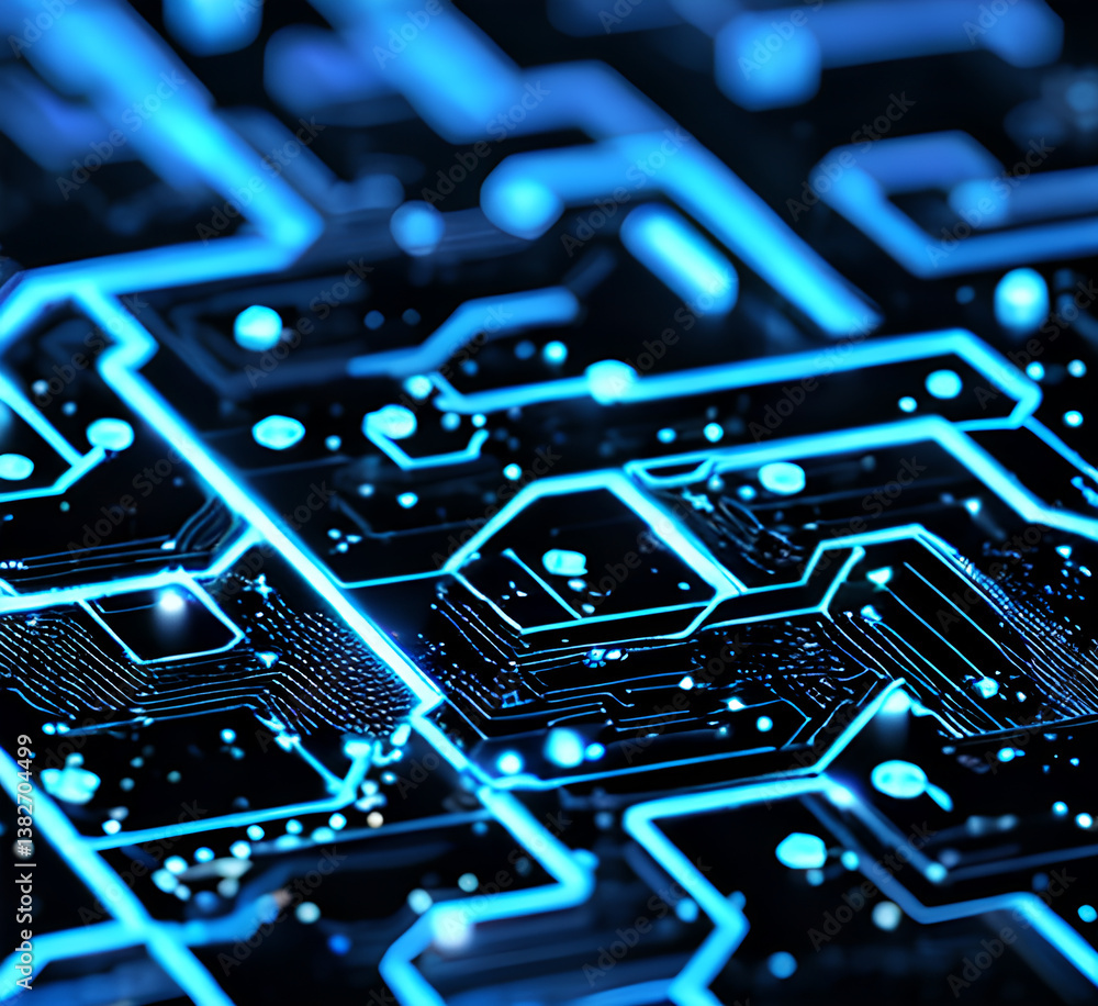 Fototapete a dark background with a blue abstract design of connected lines and dots, representing technologica