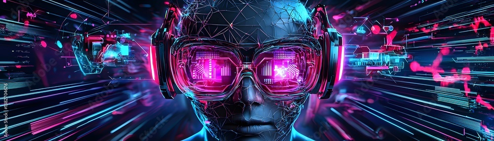 Poster abstract high-tech fusion, reality and digital interfaces merging in a seamless artistic composition