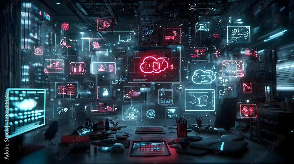 Poster mixed reality dreamscape, a surreal blend of tangible objects and interactive virtual elements, hype