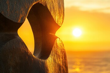Sunset view with stone sculpture and ocean in the background