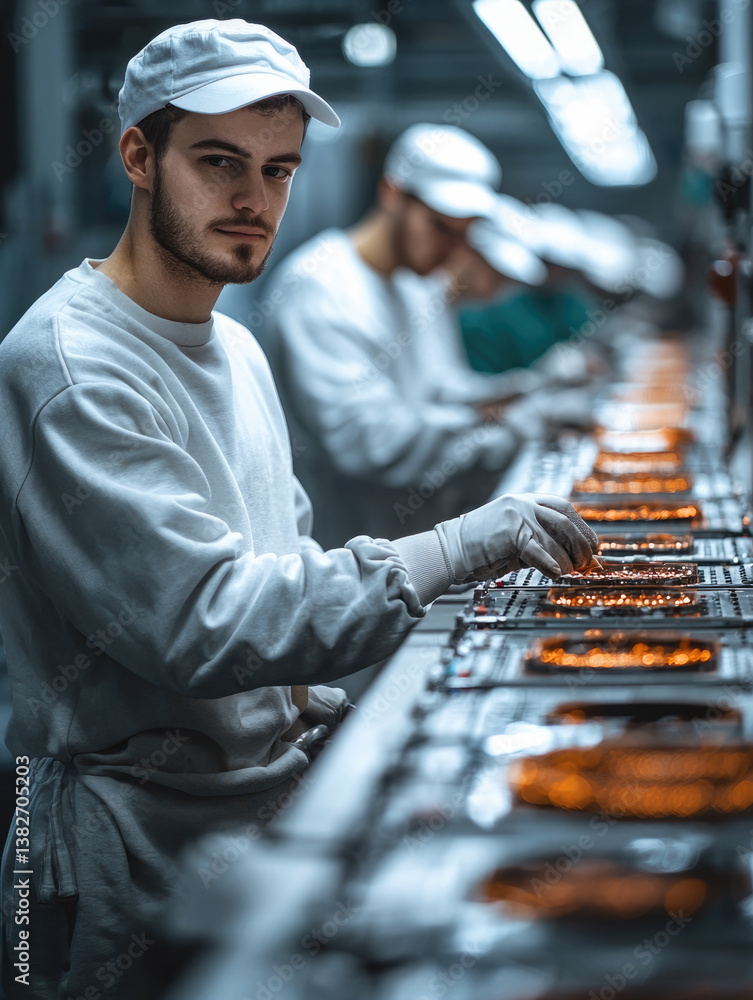 Poster focused male worker white cap and gloves is engaged production line, surrounded by colleagues factor