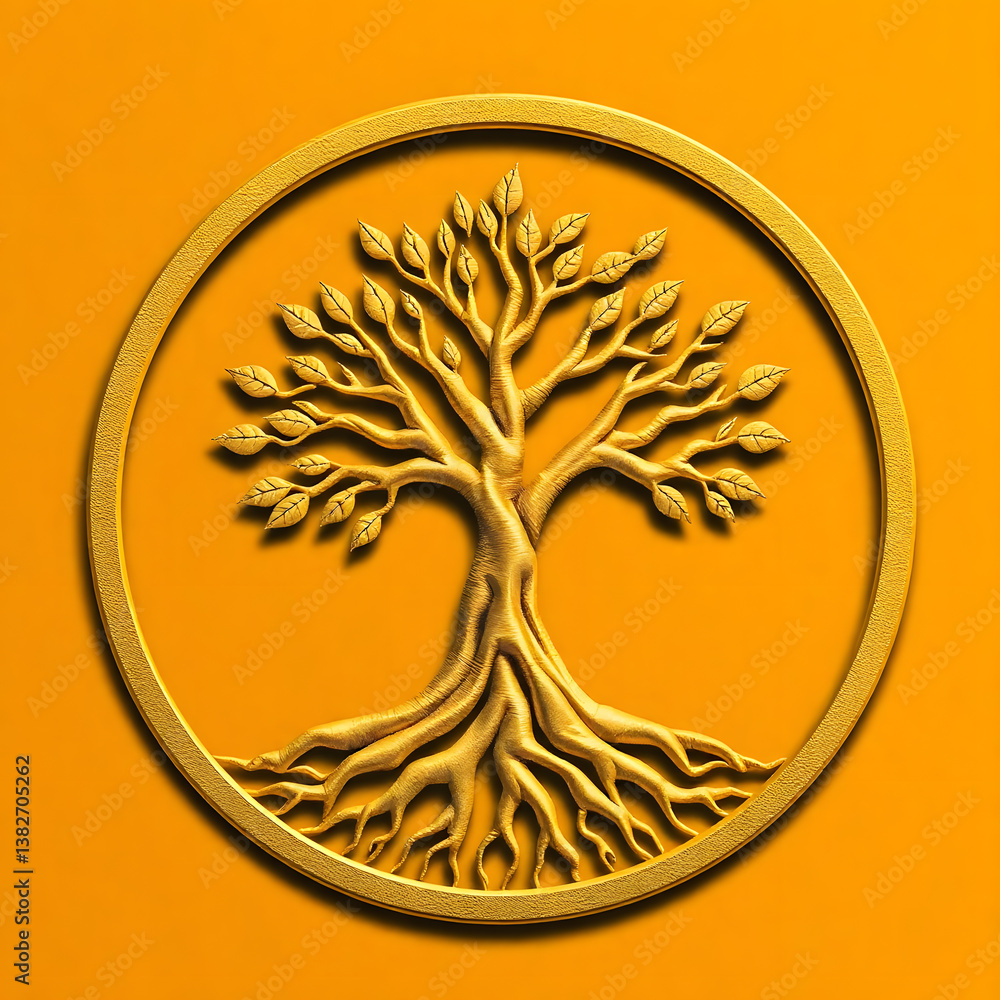 Fototapete a digital illustration of a tree of life symbol, a root within a circle, rendered in layered paper c