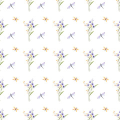 Seamless background, floral minimalist pattern with watercolor wildflowers. Repeat fabric wallpaper print texture. Perfectly for wrapped paper, backdrop.
