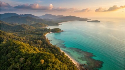 Koh Chang Beach Island Satun Thailand A breathtaking aerial view of a serene coastline surrounded by lush greenery and tranquil waters.