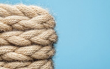 Fototapeta premium Beige Knitted Fabric Texture on Blue Background
