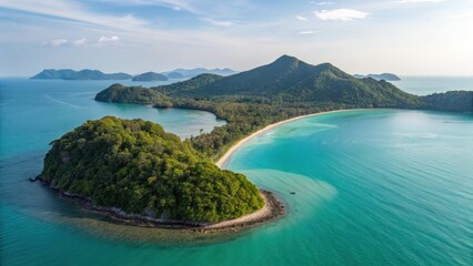 Obraz premium Koh Chang Beach Island Satun Thailand Aerial view of lush green islands surrounded by turquoise waters under a clear sky.