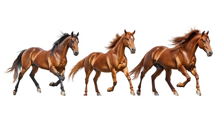 Majestic brown horses in various postures, galloping, one rearing, grazing Transparent PNG 
