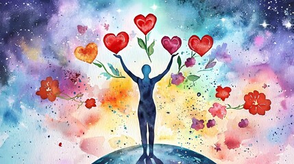 Healing flowers flowing through the universe represent a world of love, spiritual growth, and mental health, all connected to the human heart and the powerful, abstract concept of chakras, as seen in