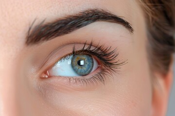 Obraz premium Close up of female blue green eye with long eyelashes and well shaped eyebrow in natural soft lighting
