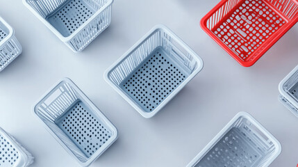 Shopping baskets, empty supermarket plastic carts with handles. Isolated customers equipment for purchasing in retail shop top and side view, grocery and store market, Realistic 3d vector illustration