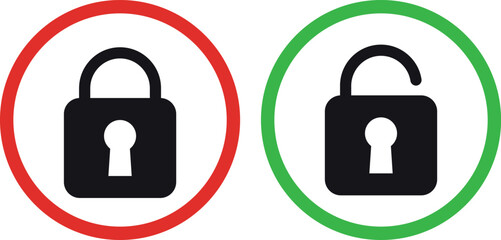 Closed and open padlock icons in red and green circles . Lock and unlock sign . Vector illustration