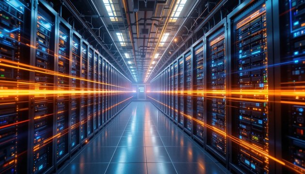 High-tech server room packed with multiple advanced servers offering robust data processing capabilities