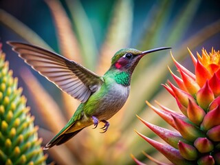 Fototapeta premium Hummingbird and Aloe Vera: A Vibrant Portrait