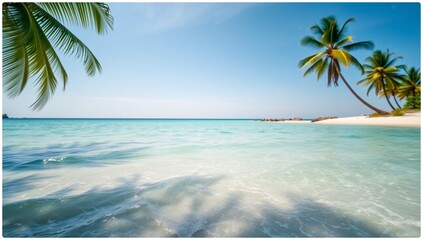 Tropical palm trees line a sun-drenched beach paradise