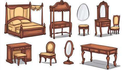 Wooden furniture for old victorian bedroom isolated on white background. Vector cartoon set of vintage canopy bed, nightstand, bench seat, chair and mirror on dressing table