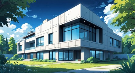 futuristic mansion with sharp geometric shapes anime cartoon style illustration artwork design background